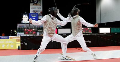 George Hendrie (R) and James Brosnan of England Fencing at the ExCeL Centre